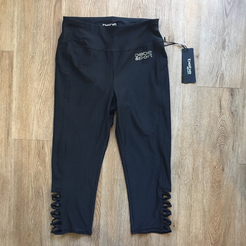 bebe sport Bling logo Running Capri Yoga Gym Black